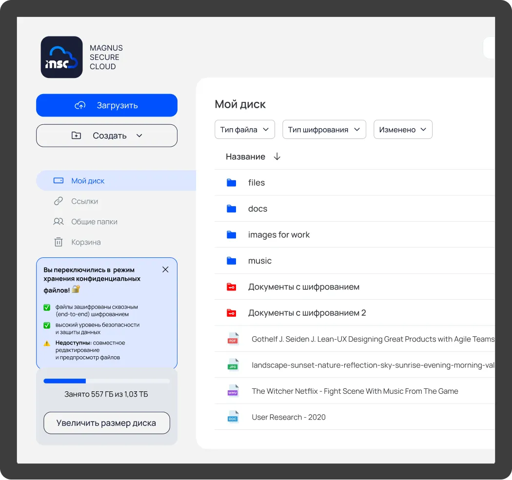Интерфейс веб-версии приложения Magnus Secure Cloud